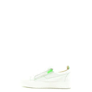 Giuseppe Zanotti men leather zip sneakers white with neon green zipper detail and chunky white sole