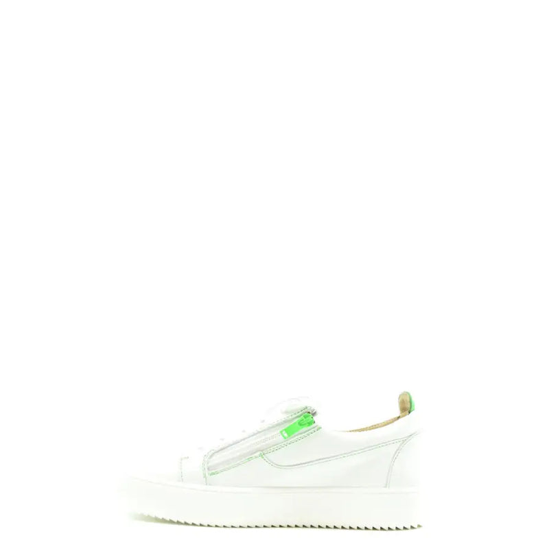 Giuseppe Zanotti men leather zip sneakers white with neon green zipper detail and chunky white sole