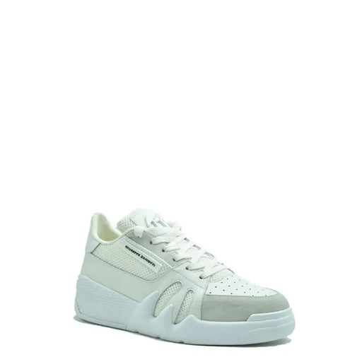 White and gray low-top sneaker with perforated details, mesh accents, and a chunky sole.