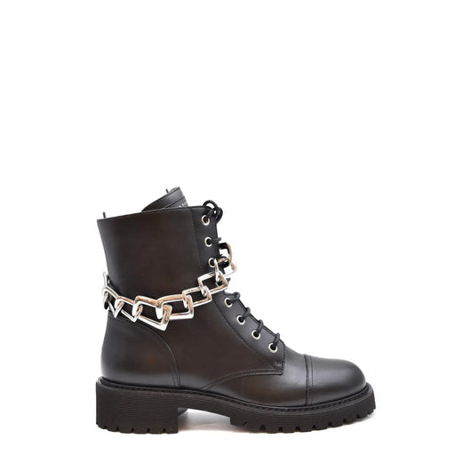 Schwarze Damen-Ankle-Boots aus Leder von Giuseppe Zanotti mit markanter silberner Kette und seitlichem Reißverschluss