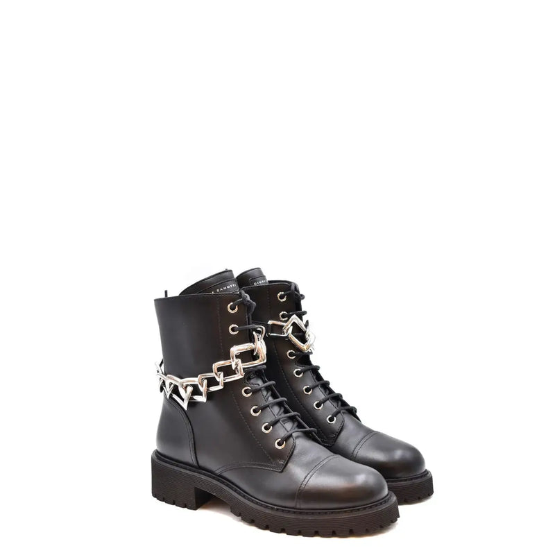 Giuseppe Zanotti women black leather ankle boots with silver chain accents and zip closure