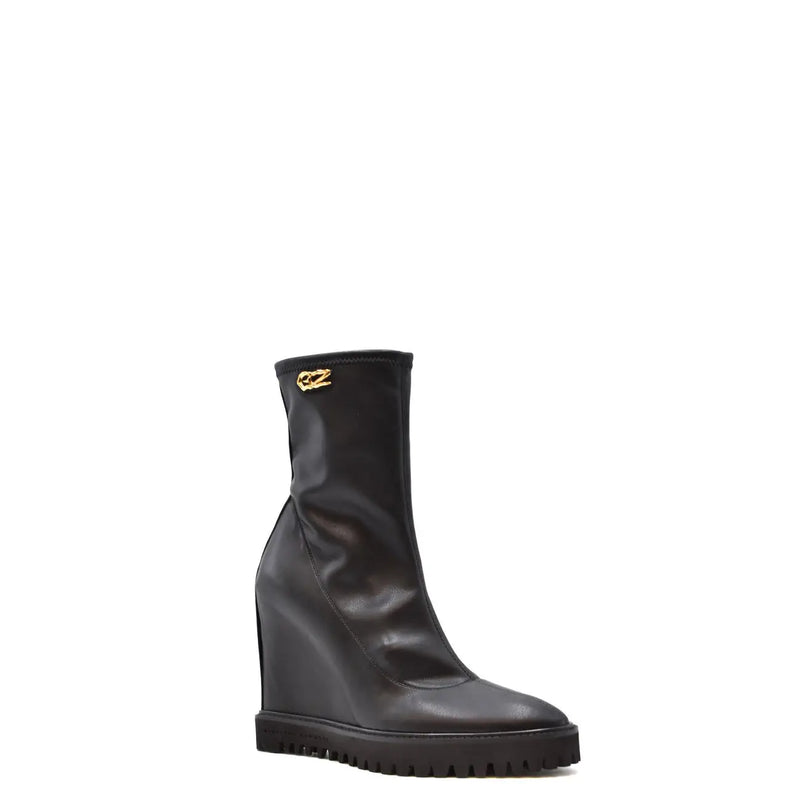 Giuseppe Zanotti women black leather wedge ankle boot with gold-tone logo on the ankle for stylish wear
