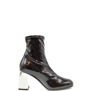 Giuseppe Zanotti women black leather ankle boots with sleek patent finish and bold silver block heel shown from back