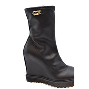 Giuseppe Zanotti women black leather wedge ankle boots with gold crocodile logo on the shaft