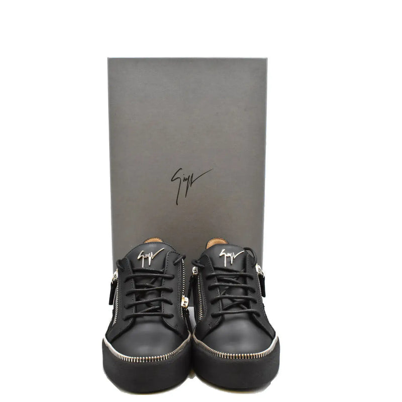 Giuseppe Zanotti women black leather sneaker featuring metallic zipper accents and signature logo branding