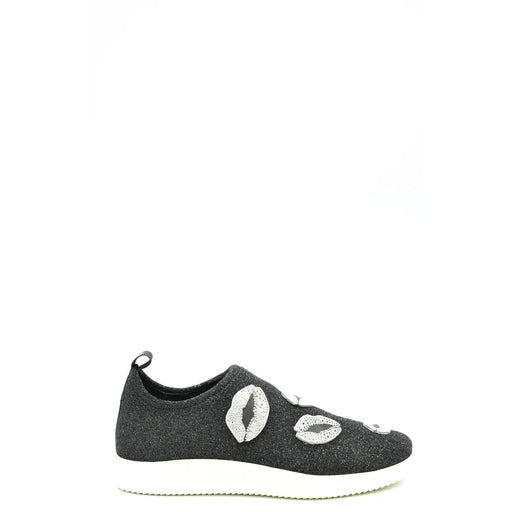 Schwarzer Damen-Sneaker von Giuseppe Zanotti aus Nylon zum Hineinschlüpfen mit schwarzem Glitzer und silbernen, kussförmigen Verzierungen an der Seite
