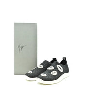 Giuseppe Zanotti women black nylon slip on sneakers with black glitter, white embroidered lips, and white soles