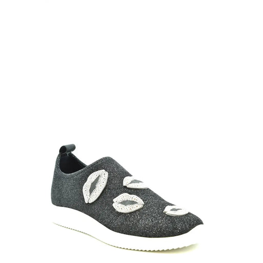 Schwarze Nylon-Sneaker von Giuseppe Zanotti für Damen zum Hineinschlüpfen mit weißen, kussförmigen Verzierungen und Glitzerfinish
