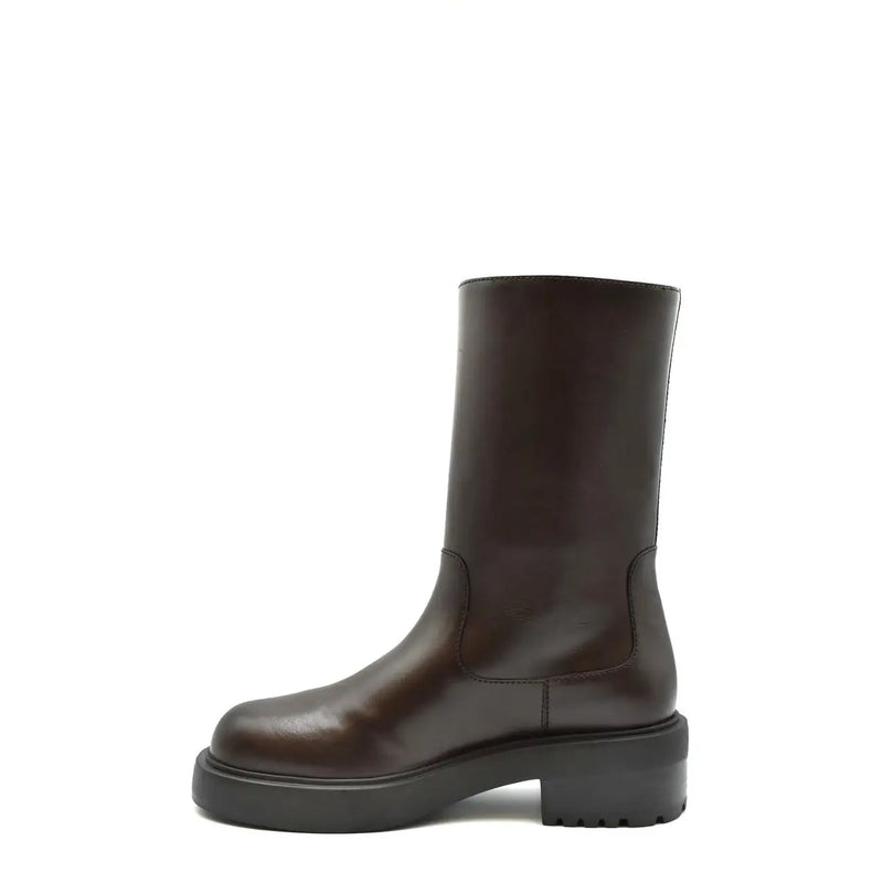 Giuseppe Zanotti women brown leather ankle boot with chunky black rubber sole shown from the back side