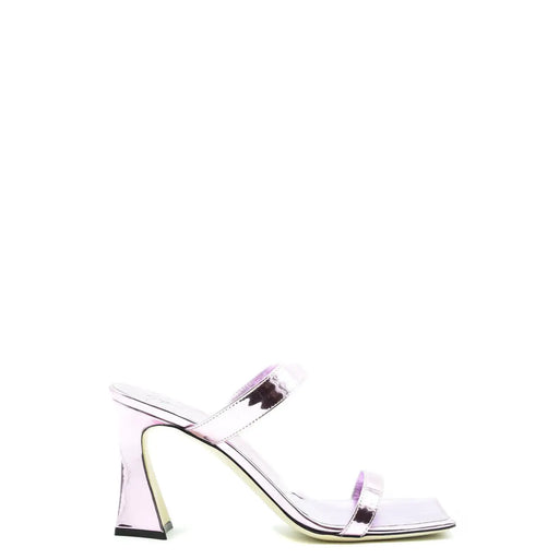 Giuseppe Zanotti Damen-Sandalen aus rosafarbenem Leder mit Blockabsatz, elegantem, metallisch-lavendelfarbenem Pantoletten-Design und eckiger Zehenpartie