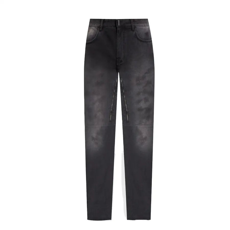 Givenchy men grey cotton jeans made in Italy with black distressed denim, subtle fade, and side zipper details