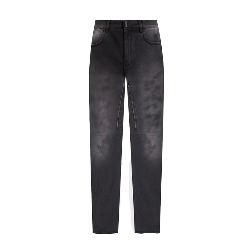 Givenchy men grey cotton jeans made in Italy with black distressed denim, subtle fade, and side zipper details