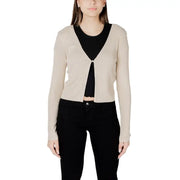 Beige ribbed knit gold lurex button front cardigan with v neckline and single button closure for stylish layering