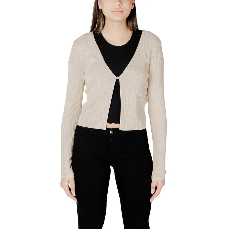 Beige ribbed knit gold lurex button front cardigan with v neckline and single button closure for stylish layering