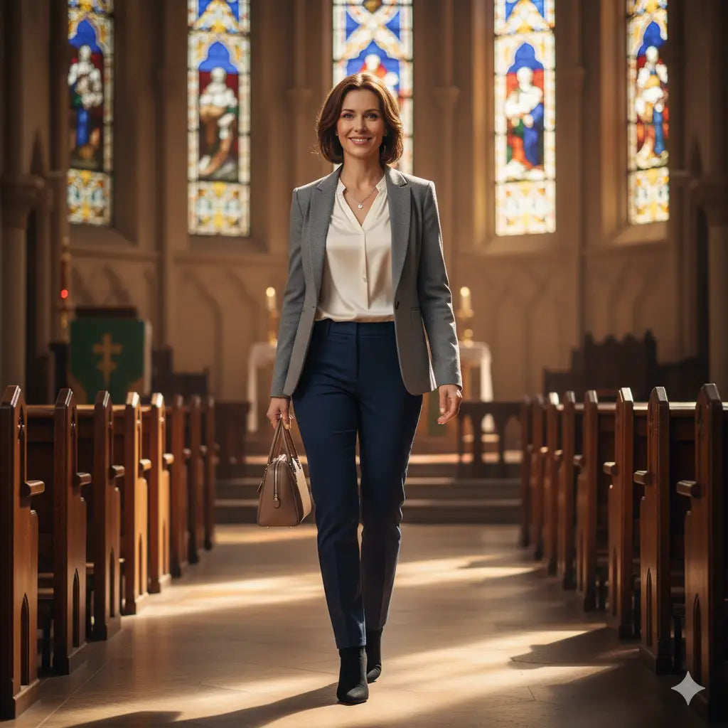 Blazer gris élégant, chemise blanche, pantalon bleu marine et bottes noires pour l'église