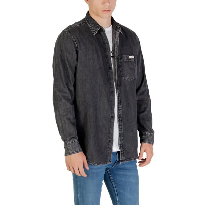 Gray denim long-sleeved shirt for men displayed in a product image