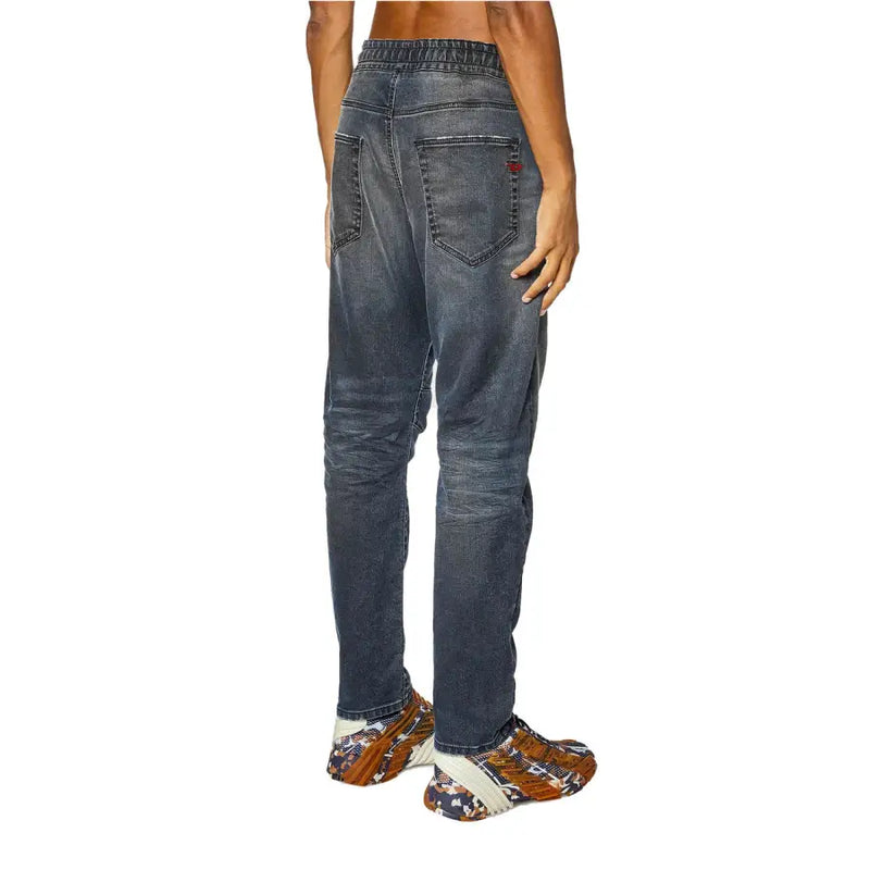 Gray denim pants with elastic waistband and drawstring for comfortable fit