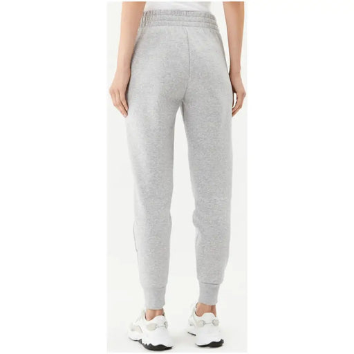 Gray drawstring sweatpants in heathered fabric with elastic waistband and ribbed cuffs for comfortable wear