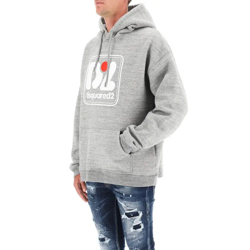 Gray heathered hooded sweatshirt featuring a white and red logo on the chest for casual wear