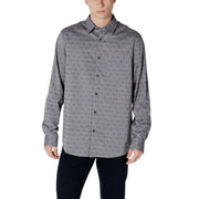 Gray patterned men’s long-sleeved shirt displayed in a product image