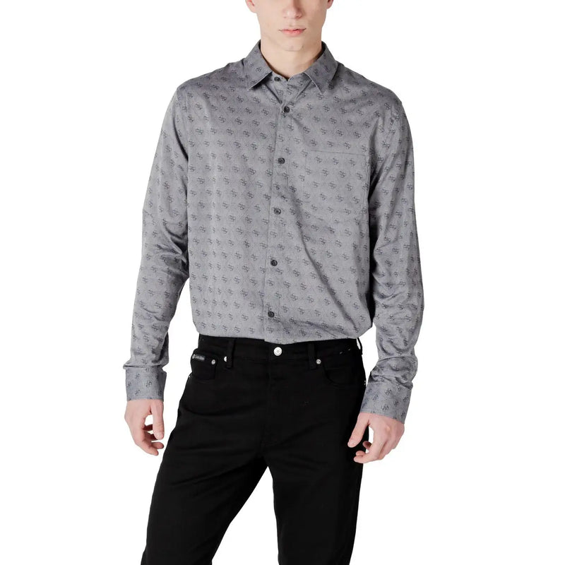 Gray patterned men’s long sleeved button down shirt with subtle dark gray abstract symbols on fabric