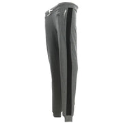 Gray heathered sweatpants with a black vertical side stripe and white drawstring waist for casual wear