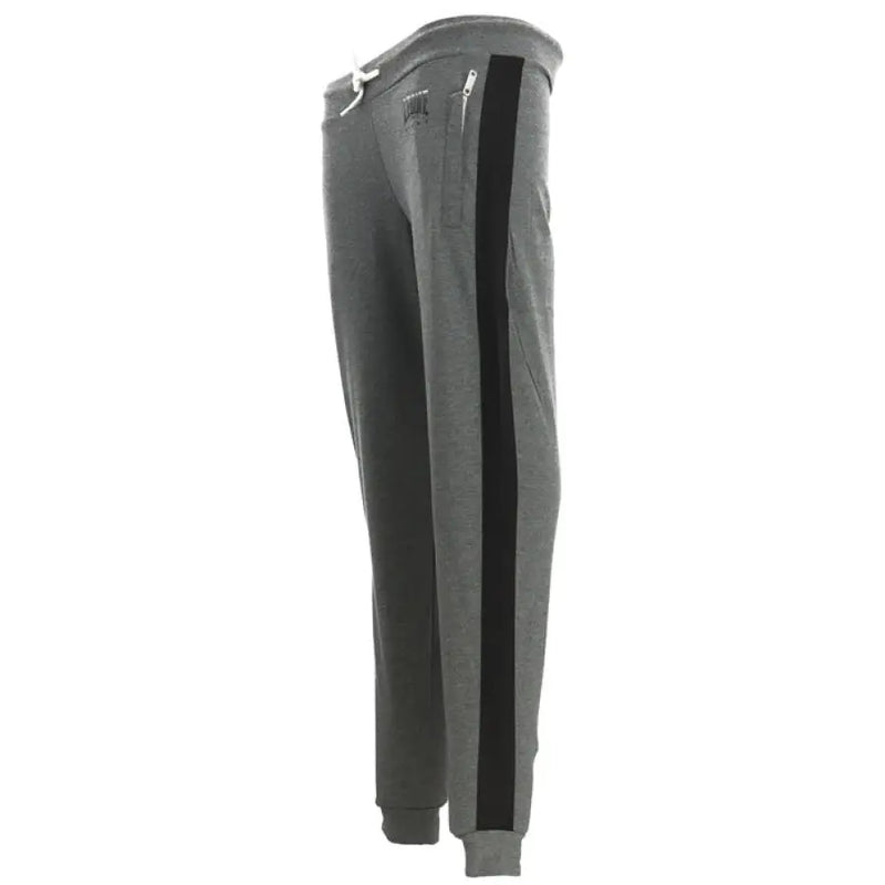 Gray sweatpants with black side stripes for casual and athletic wear
