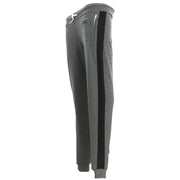 Gray heathered sweatpants with a black vertical side stripe and white drawstring waist for casual wear