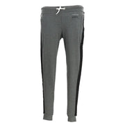 Gray heathered sweatpants with black side stripes and a white drawstring made of soft jogger material