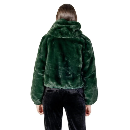 Green hooded polyester blazer for women featuring a deep green faux fur cropped design with plush texture and elasticated cuffs