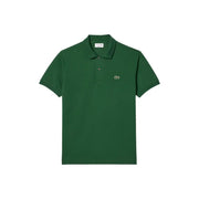 Deep green Lacoste polo shirt with classic collar and iconic embroidered crocodile logo on left chest