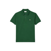 Deep green Lacoste polo shirt with classic collar and iconic embroidered crocodile logo on left chest