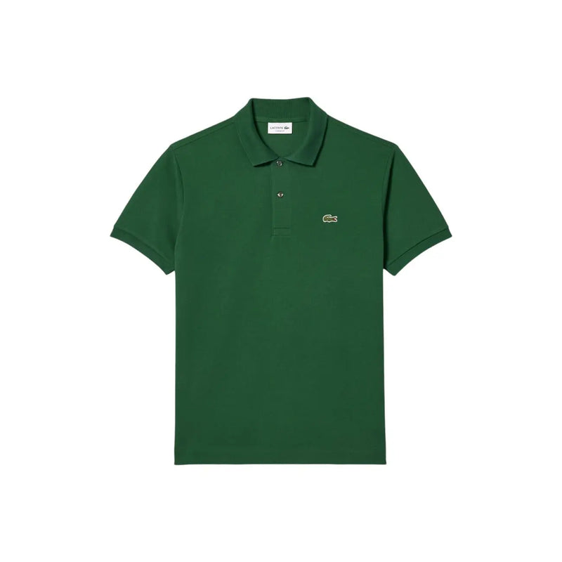 Deep green Lacoste polo shirt with classic collar and iconic embroidered crocodile logo on left chest