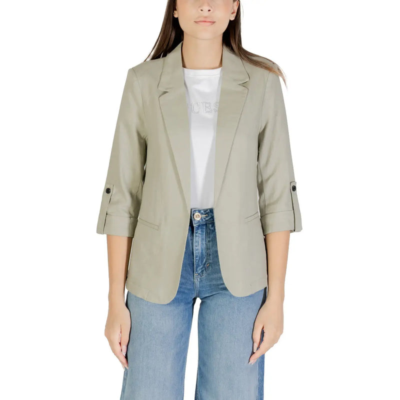 Beige linen viscose blazer with three quarter sleeves and buttoned cuffs for formal and casual wear