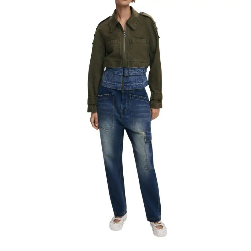 Olive green military-style jacket with zippered front paired with high-waisted wide-leg blue denim jeans with layered waist and cargo pockets