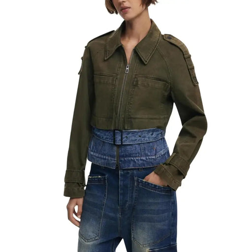 Women wearing Olive Green Cropped Utility Jacket with Wide-Leg Denim Jeans and Built-In Corset Belt