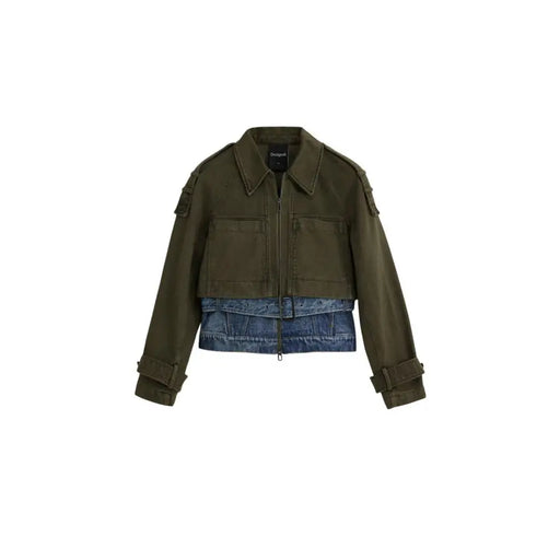 Cropped olive green and blue denim jacket with zipper closure for Green Long Classic Cotton Blazer by Desigual