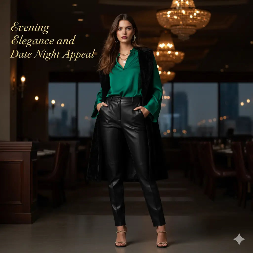 Blouse en satin vert avec pantalon en cuir noir et long manteau en velours pour femme