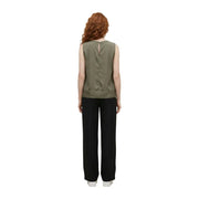 Olive green sleeveless viscose blouse for women with button front and subtle back slit in minimalist design