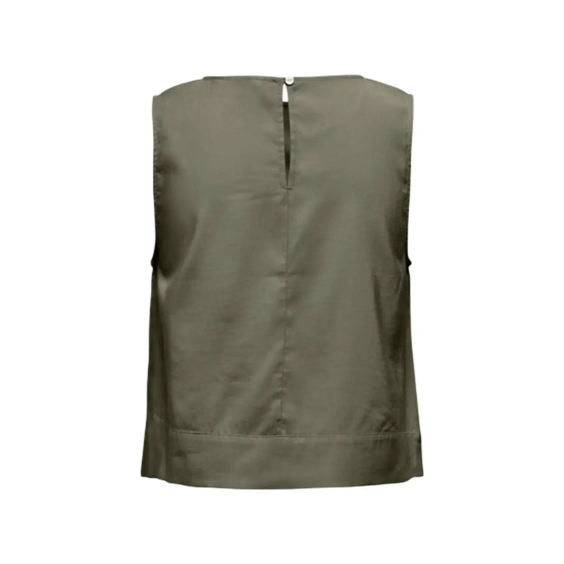 Green sleeveless viscose blouse for women featuring a central zipper closure and subtle seam detailing in olive green