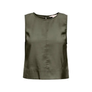 Green sleeveless viscose blouse for women with olive green color, subtle sheen, button front, and straight hemline