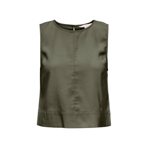 Green sleeveless viscose blouse for women with olive green color, subtle sheen, button front, and straight hemline