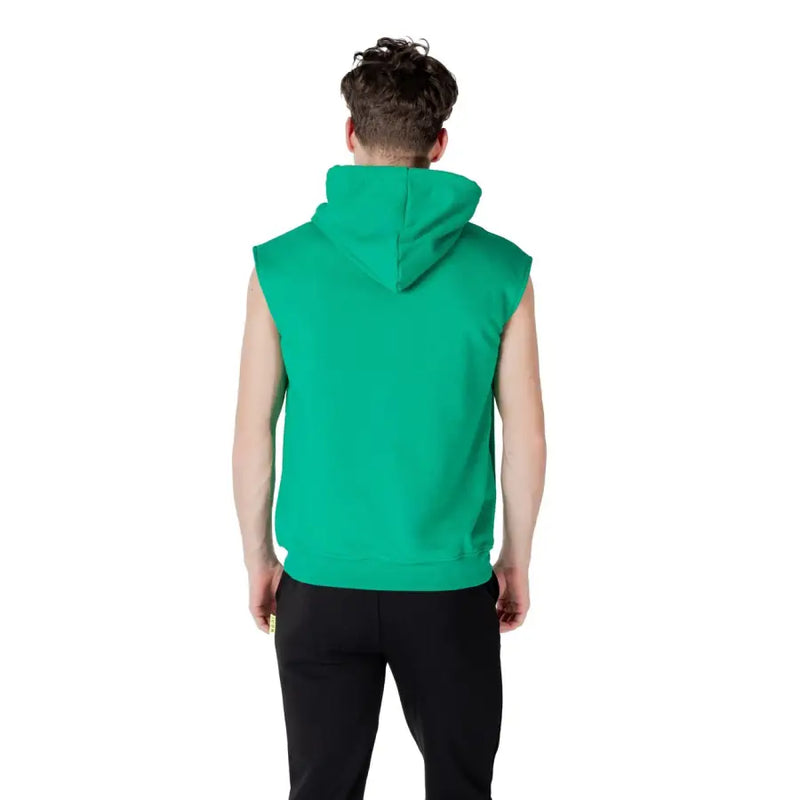A vibrant green sleeveless hoodie with white drawstrings hood and ribbed cuffs made from soft fabric