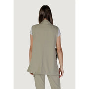 A sleek olive-green sleeveless vest by B.young with a high collar, v-neck, subtle side slits, and front pockets
