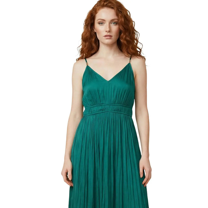 Emerald green polyester pleated maxi dress with thin spaghetti straps and fitted waistband for elegant occasions