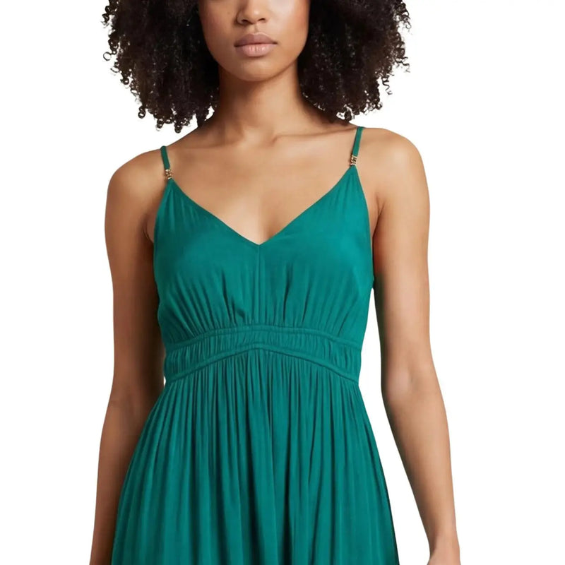 Emerald green polyester v-neck strap dress with gathered waist ideal for elegant occasions