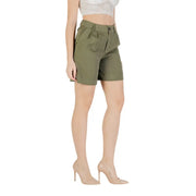 Olive green high-waisted viscose blend shorts for women with button closure and pleated front