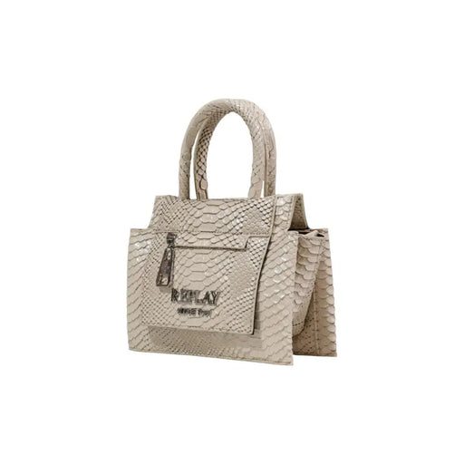 A beige snake-print structured handbag with multiple pockets and the Replay logo on the front