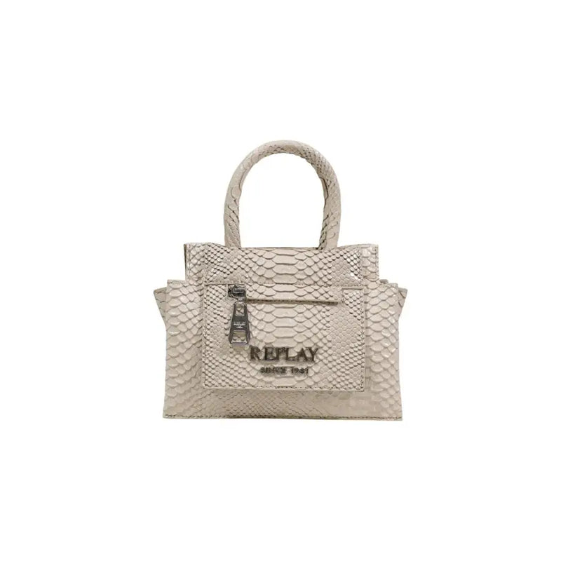 Beige snake-print structured handbag with top handle and Replay logo featuring multiple pockets by Replay