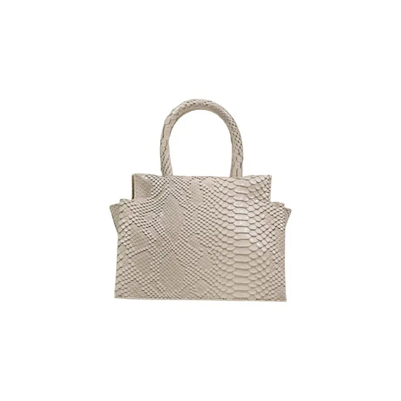 A beige snake-print handbag with a structured rectangular shape and twisted handles by Replay with multiple pockets